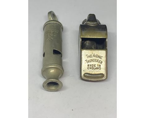TWO VINTAGE WHISTLES TO INCLUDE THE ACME THUNDERER AND A J HUDSON AND CO BIRMINGHAM MILITARY WHISTLE 