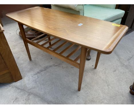 A RETRO TEAK COFFEE TABLE WITH MAGAZINE UNDER-SHELF, 36 X 16" 