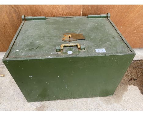 A VINTAGE FLOOR SAFE WITH KEY AND THREE BRASS HANDLES, WITH THE LOCK BEARING THE STAMP 'CHATWOODS OF BOLTON' 