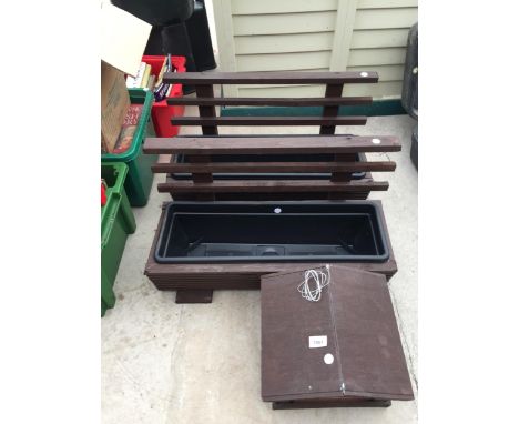 TWO WOODEN TROUGH PLANTERS AND A WOODEN BIRD TABLE TOP 