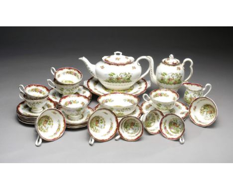 Comprising: 7 teacups, 6 saucers, 10 coffee cups, 10 saucers, a teapot, hot water pot, milk jug and sugar basin