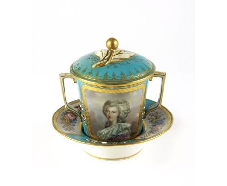 The two handled body with a portrait of Marie Antoinette. The cover with berry finial, the dish stand with floral panels The 