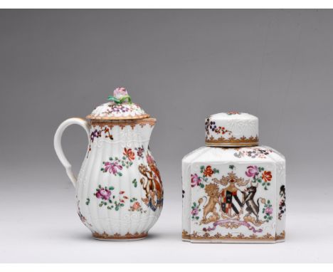 Made for the European market. Each painted with the Coat of Arms and floral decoration Caddy 11.5cm high, Jug 14cm high