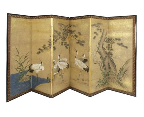 Ink and distemper on mulberry washi paper, the six panels arranged as a continuous "Three friends of Winter", "Sho-Chiku-Bai"