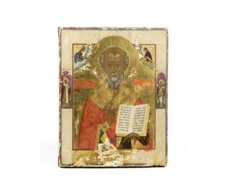 Rectangular, painted to the centre with Saint Nicholas raising his right hand in blessing whilst holding the scripture in the