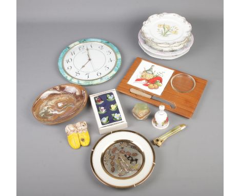 A box of miscellaneous to include Coalport plates, Onyx cigar cutter cutter with paperweight and Royal Adderley floral orname