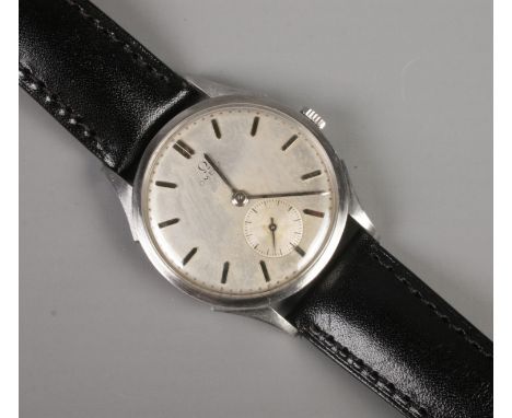 A gents stainless steel Omega manual wristwatch. With silvered dial, baton markers and subsidiary seconds.  Running.