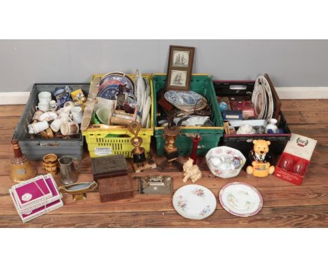 Four boxes of miscellaneous. Includes Rington's ceramic teddy bear barrel, cabinet plates, trophies, Whitefriars style vase, 