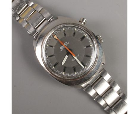 A gents stainless steel Omega Chronostop manual wristwatch. Having baton markers and centre seconds. With box and papers. Pap