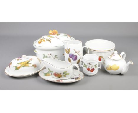 A collection of Royal Worcester Evesham dinnerwares.  Gravy boat handle chipped. Bowl chipped. Jug handle chipped and cracked