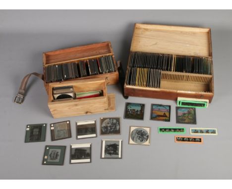 Three cases of magic lantern slides including coloured story and educational diagram examples such as study of a cockroach an