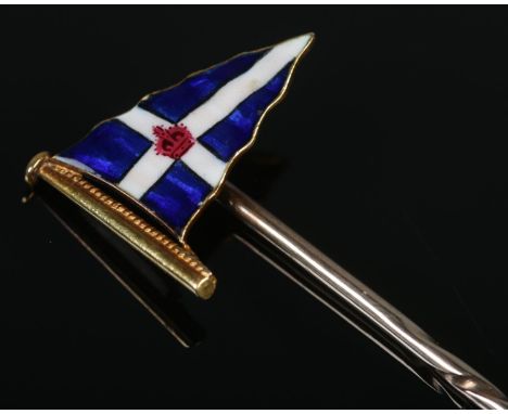 A 15ct gold stick pin with enamelled yacht club flag. Marked Benzie, Cowes.  