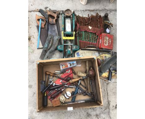 VARIOUS TOOLS TO INCLUDE DRILL BITS, SAWS, TROLLEY JACK, HARDWARE ETC 