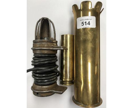 A GROUP OF THREE ITEMS - ARMOURED FIGHTING VEHICLE INSPECTION LAMP, TRENCH ART SHELLS 