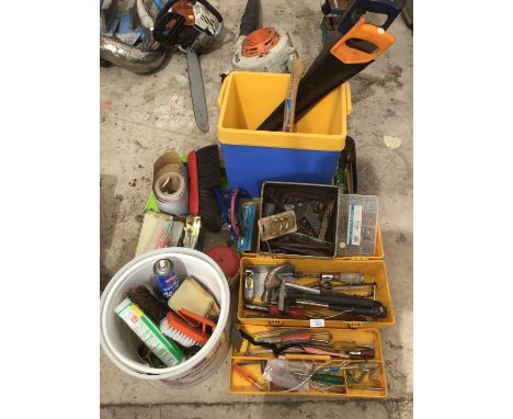 VARIOUS TOOLS TO INCLUDE  HAMMERS, SAW, BRUSHES, SCREWDRIVERS ETC 