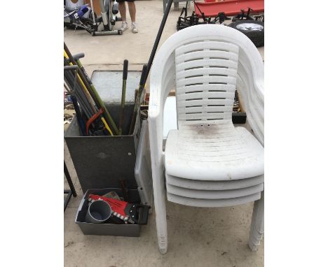 FOUR WHITE PLASTIC STACKING CHAIRS AND TABLE, A LIDDED GALVANISED BIN, GARDEN TOOLS ETC 