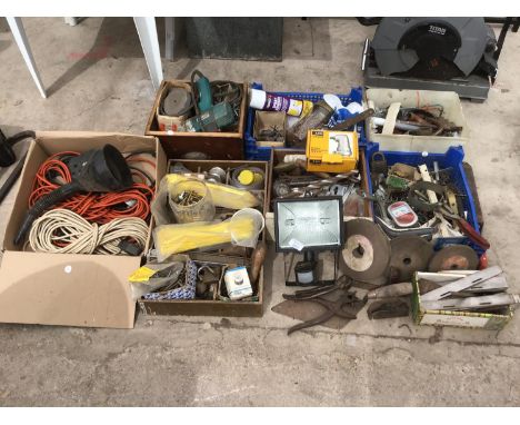 A LARGE OF TOOLS AND HARDWARE TO INCLOUDE A DRILL, LAMP, ELECTRIC CABLES, DRILL BITS ETC 