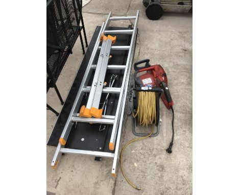 A WORKZONE SCAFFOLD AND LADDER SYSTEM WITH AN EXTENSION CABLE AND A VICTU CHAIN SAW FOR SPARE OR REPAIR 