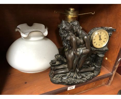 A RESIN FIGURE AND CLOCK TOGETHER WITH LAMP 