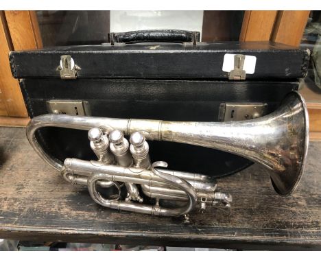 A VINTAGE CASED SILVER PLATED 'HAWKES &amp; SON' LONDON CORNET 