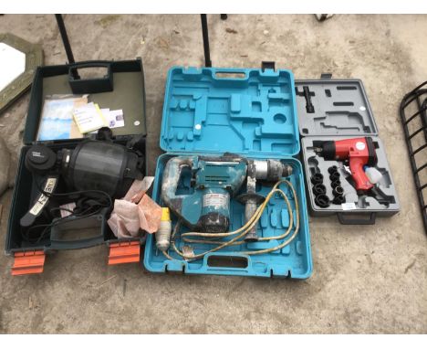 THREE BOXED ITEMS TO INCLUDE A CLARKE AIR GUN, A BOSCHMANN ROTARY HAMMER DRILL AND A RACAL POWER FLOW RESPIRATOR 