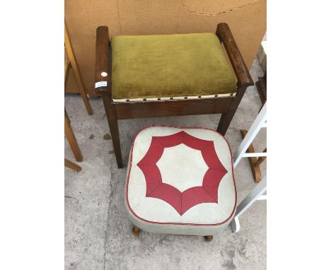 A VINTAGE SEWING STOOL AND LEATHER TOPPED FOOT STOOL (2) 