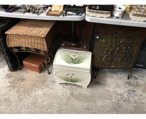 SIX ITEMS - WICKER SIDE TABLE, DOG CAGE, PICNIC BASKET, BRASS FIRE SCREEN, BOX AND BRIEFCASE 