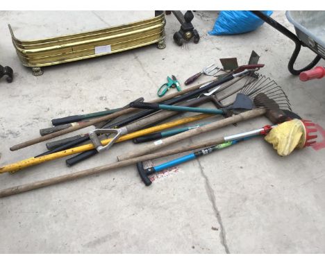VARIOUS TOOLS TO INCLUDE RAKE, MALLET, FORK, HAND TOOLS ETC 