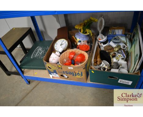 Two boxes of sundry china including vases, cups and saucers, trays, box of crystal growing apparatus etc.