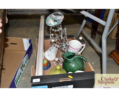 A box containing a light fitting; a Drostdy green glazed jug etc