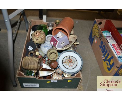A quantity of various sundry glass and china to include various ornaments, Studio Pottery, brass candlesticks, scales and wei
