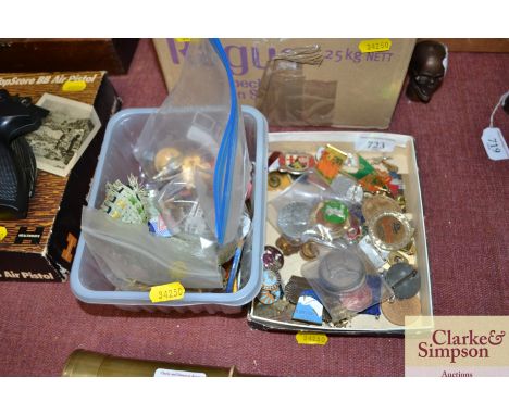 Two boxes of old enamel and pop badges