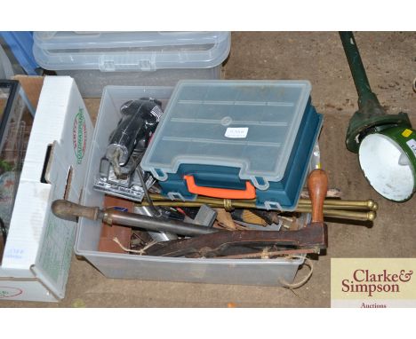 Box of tools including an Orbital sander, sprayer, stair rods etc.