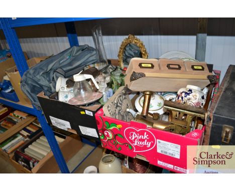 Two boxes containing various household storage tins, gilt framed mirror and other household items together with a small holda
