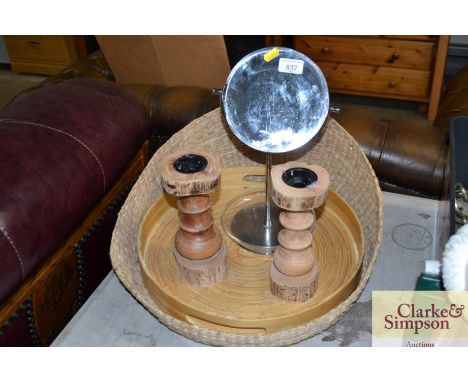 A straw work twin handled tray; a pair of candle sticks; shaving mirror etc