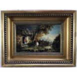Manner of George Morland two oil on panel - hunter returning 19cm x 12cm in gilt frame (30cm x 22cm
