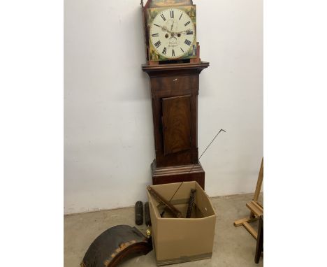 A Victorian mahogany longcase clock (for restoration) with makers name Peach Bridport. Brass finials to top, hand painted dia