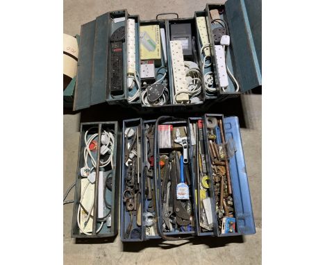 Two steel cantilever tool boxes one containing a large selection of plumbing related tools the other containing electrical ca