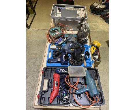 Two plastic crates containing an ELU half inch router black and decker sander and jigsaw a Metabo  and other associated hot a