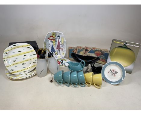 A mid century wall light fitting also with a quantity of mid century china and books - including Midwinter Stylecraft, Susie 