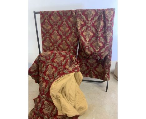A&nbsp; pair of lined woven chenille-brocade curtains. With triple pleated pelmet also with a bed throw. Approx measurements 