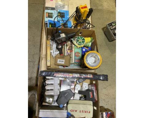 Two boxes containing a work lamp large torches letter punch sets lead lamp various other electrical items
