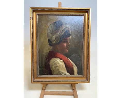A 19th century oil on board portrait of a Dutch lady. Unsigned. W:38cm x H:52cm