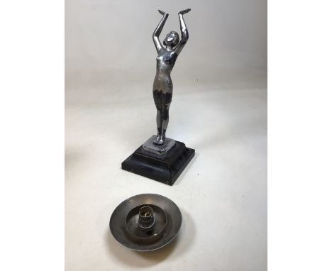 An Art Deco silvered metal figural lamp on wooden base. Marked Limousin A/F. H:39cm