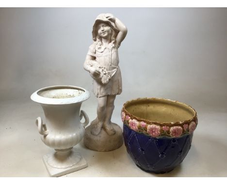 A plaster figure of a girl with flowers, a ceramic planter and A Shorter urn A/FH:57cm Figure 