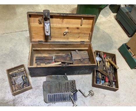 A vintage carpenters pine chest complete with a range of woodworking Craftsmans tools including a record number 05 1/2 plane