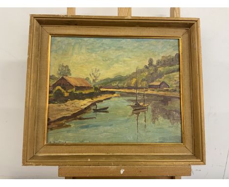 A 20th century oil on board of a continental scene. Possibly signed G.Bastard. With monotone sepia watercolour preliminary sk