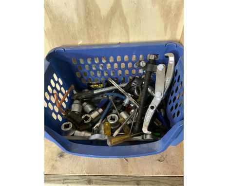 A good selection of mechanics hand tools including large sockets pullers sets of sockets impact driver and other associated g