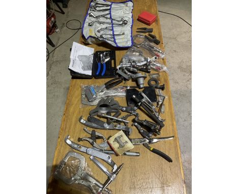 A large assortment of mechanics and garage tools including welding clamps mole grips colours special tools and spanners