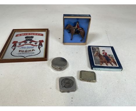 Collectible items including a Timpo model of Queen Elizabeth II riding side saddle, 2 compacts, one by Richard Hudnut, an EPN